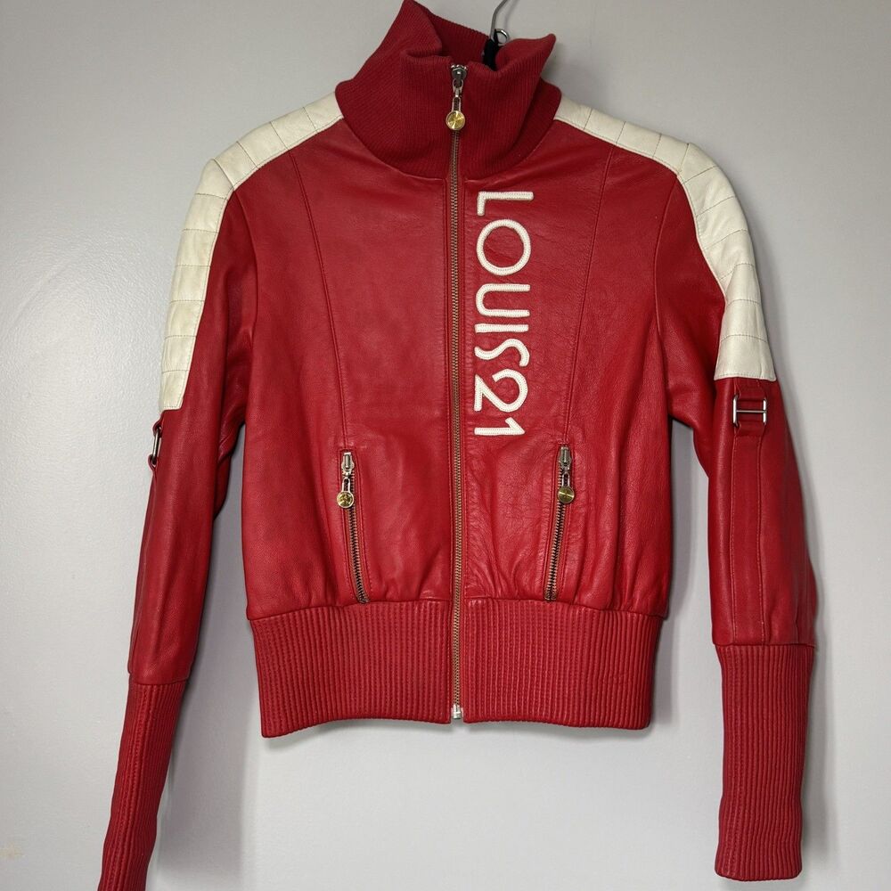 Vintage Sporty Louis 21 Red/White Zip-Up Racer Leather Moto Jacket Sz M Womens